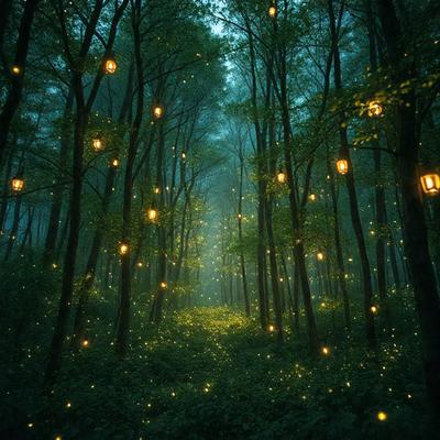 The primary subject of the image is a forest filled with trees and illuminated by a multitude of lights. The setting is a dark forest with a lush green atmosphere. The visual style is a combination of a photo and digital art, creating a surreal and enchanting scene. The colors and mood are predominantly green, with the lights adding a sense of wonder and magic to the environment.